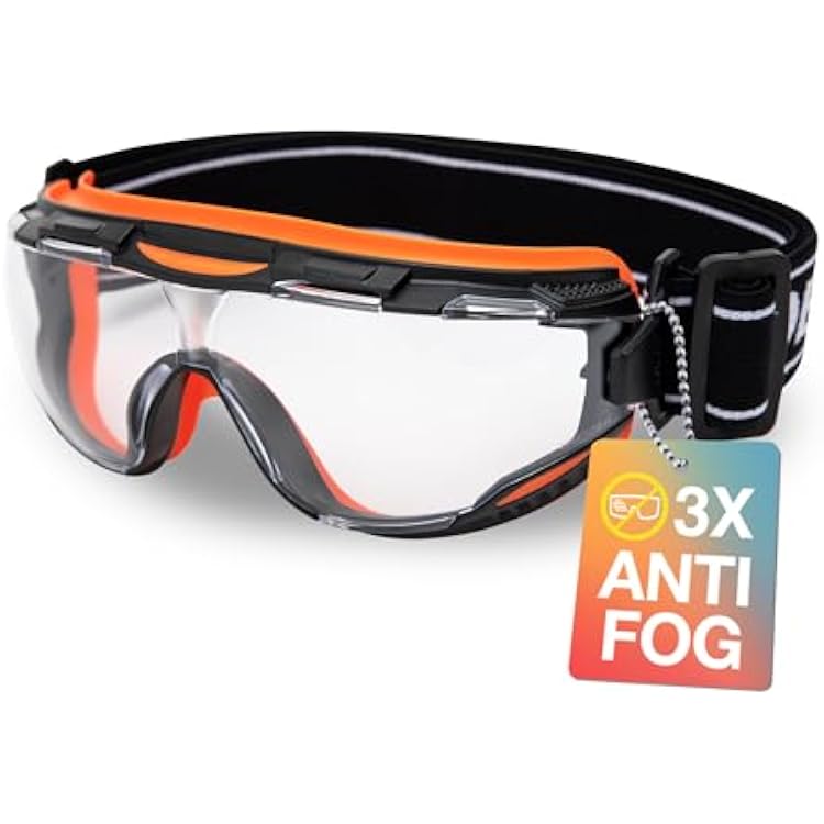 DEX FIT Protective Safety Goggles SG220N; 3x Anti Fog & Scratch, Z87 Eye Protection for Lab, Science, and Chemistry Work, Adjustable for Women and Men, Black & Orange Frame, Clear Lens, 30cm Strap