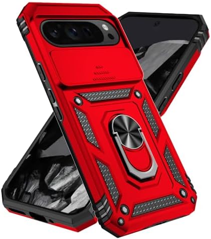 SunStory Compatible with Google Pixel 10/9 Pro XL Case with HD Screen Protector & Slide Camera Cover & Rotated Ring Kickstand, [Military-Grade] Case for Pixel 9/10 Pro XL,Red