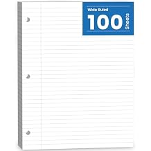 Loose Leaf Paper, 100 Sheets Notebook Paper, Binder Lined Paper Wide Ruled, 8.5'' x 11'' Loose Leaf, 3-Hole Punched Filler Writing Paper, 3-Ring Binder Note Papers, White