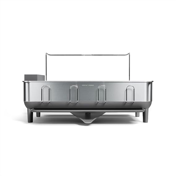simplehuman Steel Frame Dishrack, Large Capacity Dish Drying Rack, 360o Easy Drain Swivel Spout, Utensil & Wine Glass Holder, Anti-Residue Coating, Moisture Control Surface, Brushed Stainless Steel
