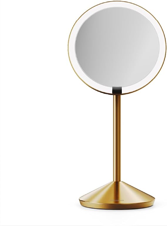 simplehuman Sensor Mirror Fold, 5'' with 5X Magnification, Round Rechargeable Travel Makeup Mirror, Tru-Lux Full-Spectrum Light, Adjustable Brightness & Height, Brass Steel