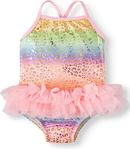 Infant Girls 1pc Pink & Gold Leopard Print Tulle Skirt Swimsuit UPF 50
