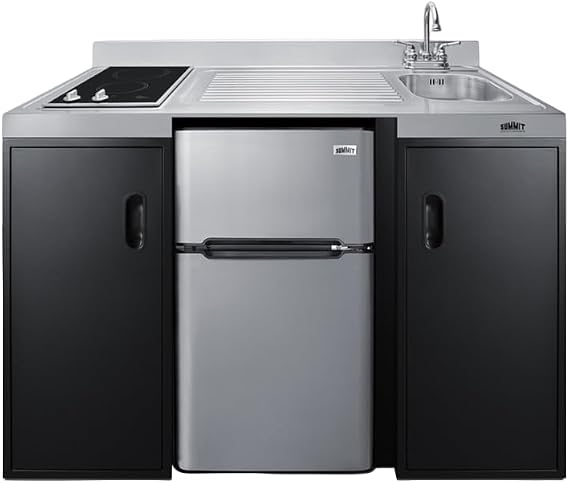 Summit 54" Wide All-In-One Kitchenette, Black and Stainless- CK55ADASINKR | Includes 2-door refrigerator-freezer, 2-Burner Cooktop, Sink (On Right Hand Side), and Storage