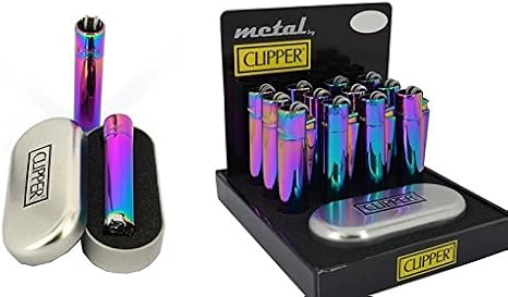 Solid Metal Flint Ignition Clipper Lighter "NEW MIX COLOUR BLUE GREEN PURPLE " - Brushed Chrome Finish -  in Embossed Presentation Tin