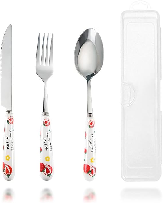 Flatware Silverware Set, 3/12/18/24 Piece 304 Stainless Steel Western Tableware Creative Strawberry Ceramic Handle Knife, Fork And Spoon Portable Set, Tableware Cutlery Set(3 Pieces for 1)