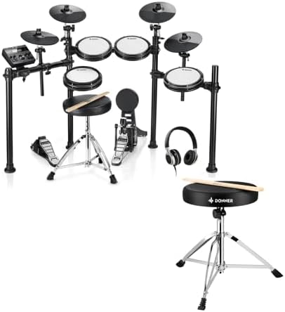 Donner DED-200X Electronic Drum Set, Electric Drum Kit with Quiet Mesh Pads, Bundle with Donner Drum Throne Set, Padded Seat Height Adjustable Stools, 5A Drumsticks Included