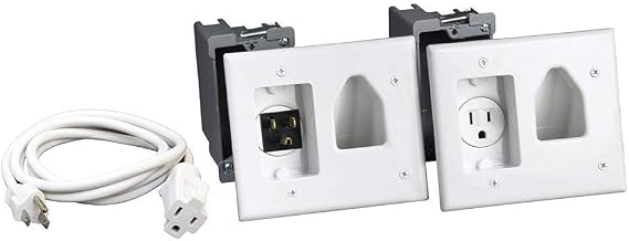 DATA COMM Electronics 45-0023-WH Recessed Pro-Power Kit with Straight Blade Inlet, 2 Gang Outlet Boxes for Low Voltage Cords & Power, In Wall Cable Management Home Theater TV, White