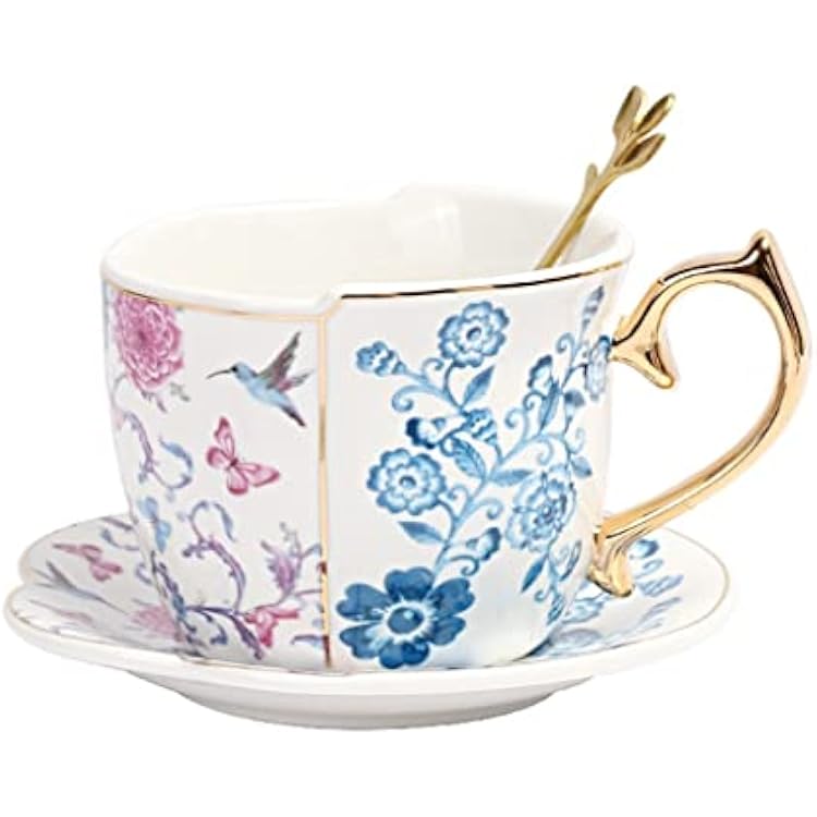 Shaped and White Ceramic Coffee Cup Tea Cup Dish Set English Black Tea Cup Spoon,D-Light Grey