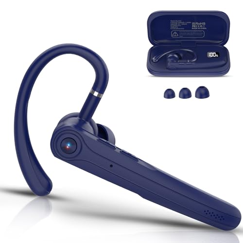 Bluetooth Headset, Wireless Bluetooth Earpiece with ENC Noise Canceling Mic, 120Hrs Talk Single-Ear Headphones, LED Display, IPX7, V5.4 Hand-Free Earphone for BusinessTruckerDriver, Blue