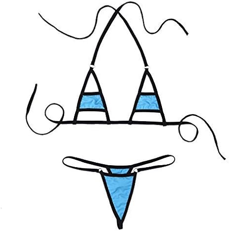 iEFiEL Women Micro G-String Bikini 2 Piece Halterneck Bra Top with Sexy Beachwear Bottoms Sets Lake Blue One Size