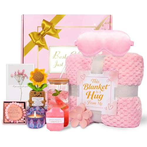 Birthday Gifts for Women Spa Care Package, Get Well Soon Gift Baskets Thinking of You Sympathy Gift, Self Care Basket w Luxury Flannel Blanket 16 Oz Glass Mother Day Gifts for Her Sister Wife Friend