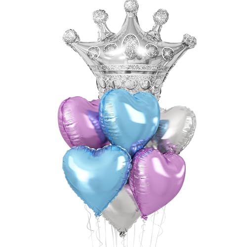 Princess Balloons, 7pcs Set: 27Inch Gold Crown Foil & 18Inch Blue, Purple, Silver Heart Foil Balloons for PrincessPrince Birthday, Anniversary, Wedding, Baby Shower, Gender Reveal Parties