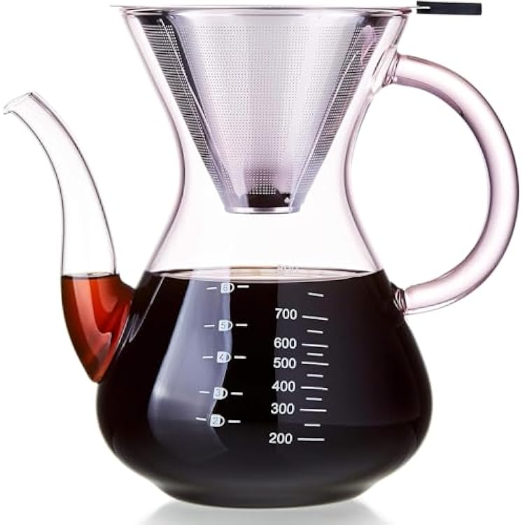 Unbreakable - Pour Over Coffee Maker with Double Stainless Filter 34 fl oz, Thickened Heat-Resistant Borosilicate Glass Pour Over Coffee Dripper, Stovetop Safe