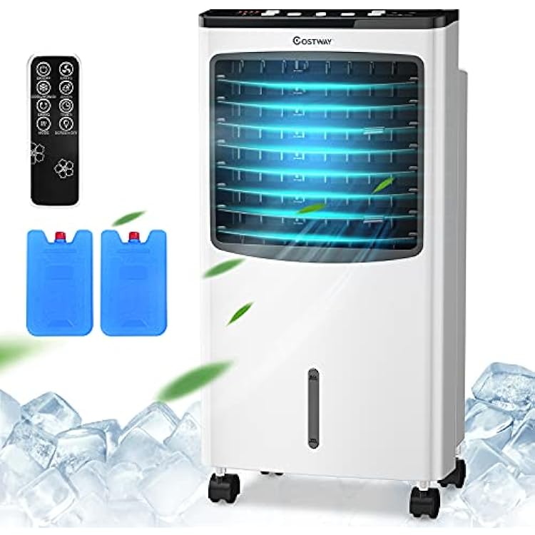 3-IN-1 Evaporative Air Conditioner, 29 Wide Oscillating Air Cooler with Humidifier, Remote Control, 2 Ice Packs & 2.1 Gallons Water Tank. Portable Tower fan for Room, Office & Home