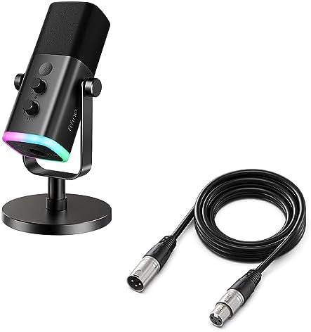 FIFINE XLR/USB Dynamic Microphone and XLR Cable Set,PC Computer Gaming Streaming Mic with RGB Light,9.8ft Cable with Balanced 3 PIN, Male to Female Cord,Compatible with Audio Mixer (AM8+L9)