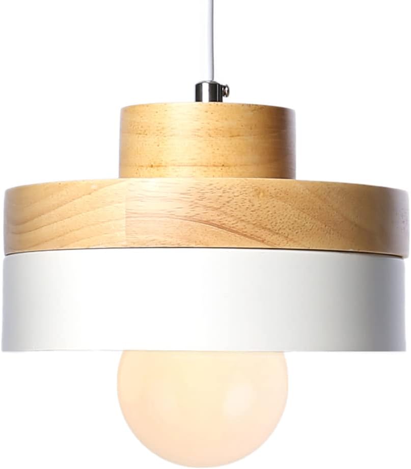 Chrasy Vintage Industrial Rustic Metal Pendant Lampshade Hanging Ceiling Pendant Light Lamp Fixture E27 with Wooden Top Round,White [Energy Class A]