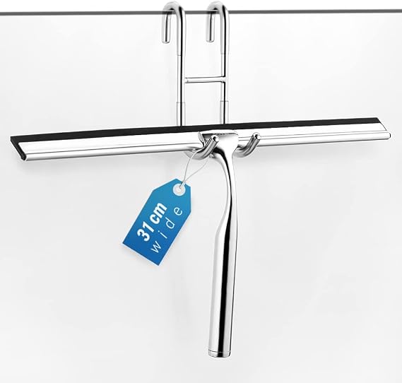 General Squeegee Stainless Steel Shower Wiper 31cm Shower Squeegee Without Drilling Window Puller with Wall Hanger 2 Silicone Wiper Lip for Bathroom Mirror Window Glass Cleaning Chrome