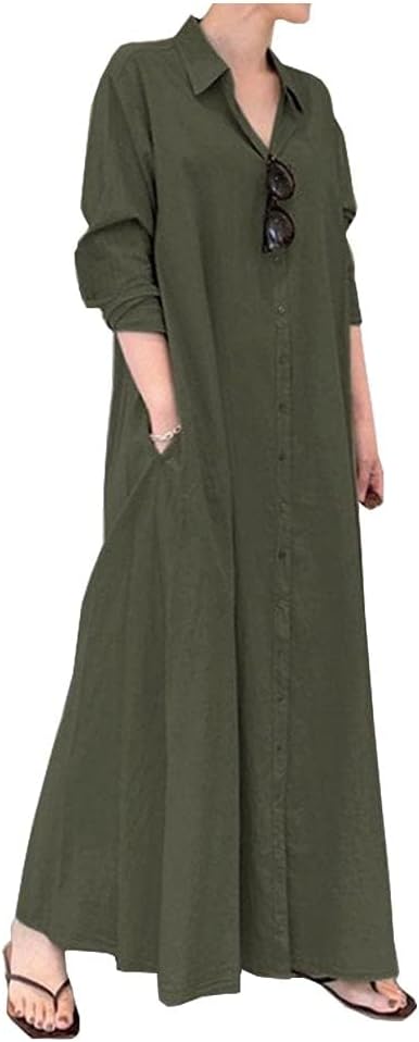 Bengbobar Womens Maxi Shirt Dress Cotton Linen Long Sleeve Solid Dress Plus Size Loose Shirt Dresses Women with Pockets