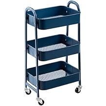 AGTEK 3 Tier Utility Rolling Cart with Lockable Wheels, Metal Multifunctional Storage, Organizer Cart for Kitchen, Office, Living Room, Makeup, Craft, Art Studio,Navy Blue