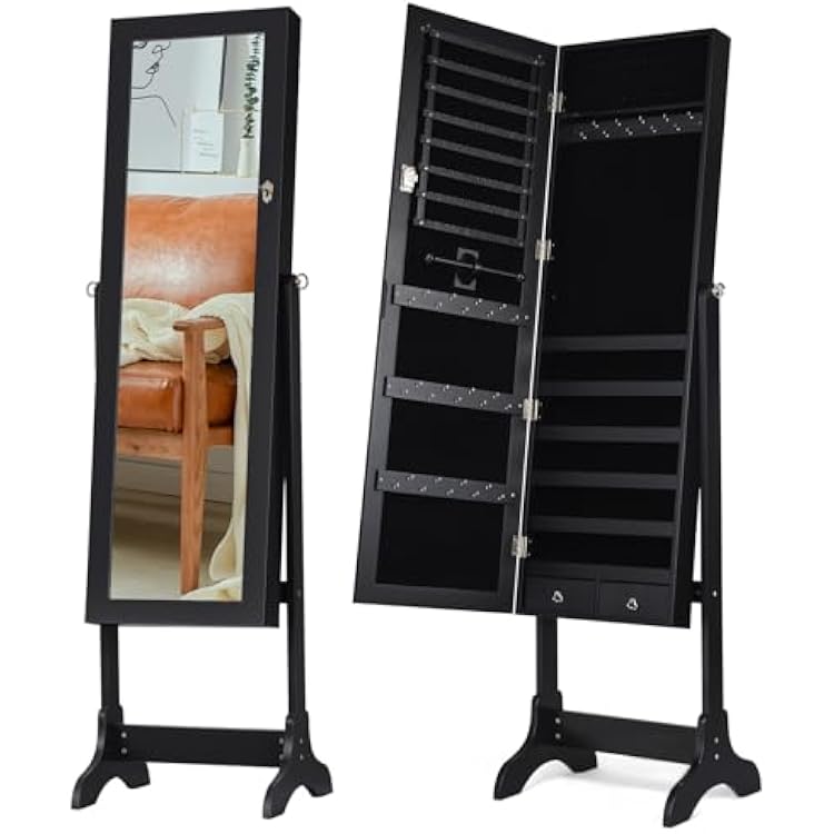 Freestanding Jewelry Cabinet, Lockable Cosmetic Storage Organizer with Full-Length Mirror & 4 Adjustable Angles, Mirrored Jewellery Armoire for Dressing Room Bedroom Black