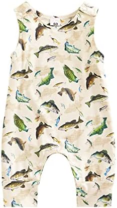 Newborn Baby Sleeveless Jumpsuit Dinosaur or Fish Print Short Romper Boys Girls One Piece Summer Outfit