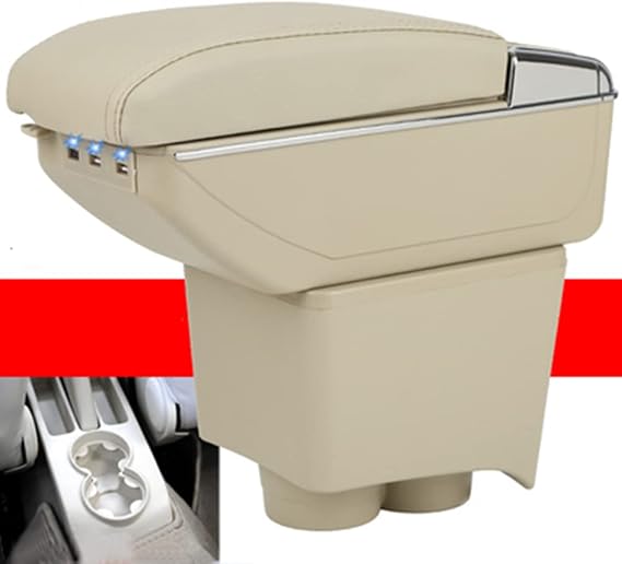 Leather Car Center Console Armrest Box Compatible with Volkswagen Polo Mk4 (9N/9N3) 2002-2003 2004 2005 2006 2007 2008 2009 Armrests Storage Box (Beige with USB Ports)