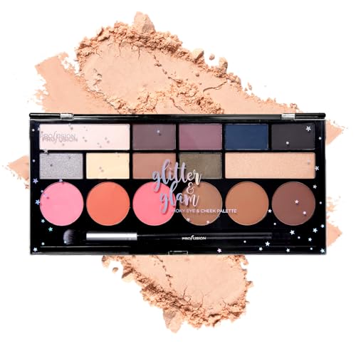 Profusion Cosmetics Glitter Glam Eye & Cheek Palette 16 Pigmented Matte & Shimmer Shades for Eyeshadow, Blush, Bronzer & Highlighter Includes Pro Brush, Vegan & Cruelty-Free