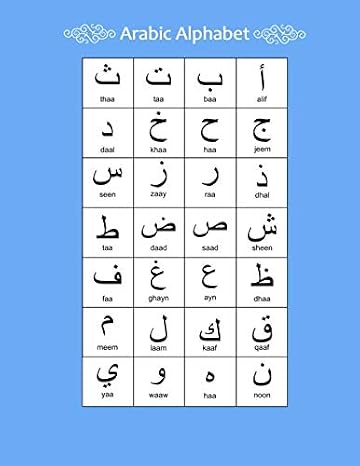Arabic Alphabet: A4 Light Blue Arabic Notebook with Arabic Alphabet table, 8.5x11", Blank lined wide ruled paper with right margin for right to left Arabic writing, perfect bound, Soft back