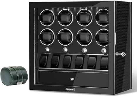 DUKWIN Lockable Watch Winders for 8 Automatic Watches and Green Watch Roll for 1