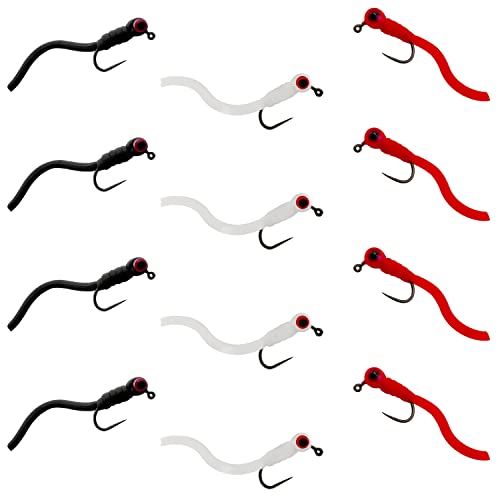 Gilberts Squirmy Worm 12 Pc Set Red, White, Black - Wet Wormy Fly Fishing Flies for Trout and Panfish - Hook Size #10