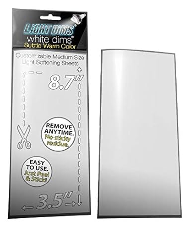LightDims White Dims Self Adhesive Dimming/Softening Sheets for Harsh LED Lights Medium Size (2 Sheets) Subtle Warm Color & a Free Mystery Gift Sheet (3 Sheets Total). Packaging May Vary