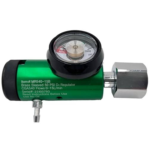 ResOne 15LPM Oxygen Regulator CGA-540#MR540-15B, Adjustable Flow 0-15 LPM - ASTM G175-03 - AluminumBrass, Max Inlet: 3000 PSI, Outlet: 50 PSI - Compact 1.38 inches X 6.29 inches - 20 Pcs