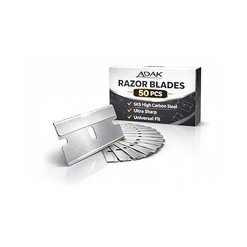 Adak 50 Pc Single Edge Razor Blades Flat Scraper Replacement Blades for Paint, Glass & Sticker Removal Universal Razor Scraper & Utility Blade Refills