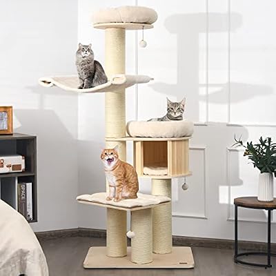 PETSITE 68.5 Tall Cat Tree, Multi-Level Modern Cat Tower with Sisal Scratching Posts, Top Perch, Cat Condo, Hammock, Jingling Balls, and Washable Cushions, Cat Tree Tower for Indoor Cats Large Adult