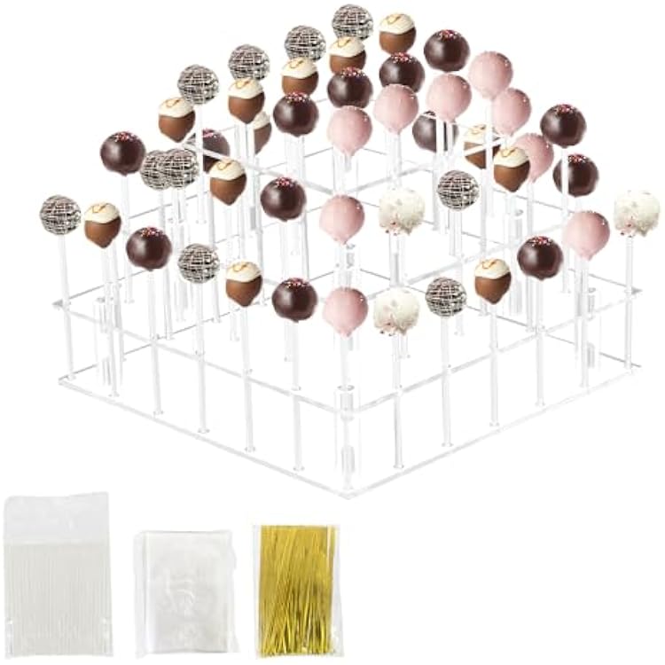 3 Tier Cake Pop Stand, 56 Holes Acrylic Cake Pop Holder Stand, Clear Cake Pop Display Stand Holder, Lollipop Square Display Stand with Sticks and Wrappers for Weddings Birthday Parties