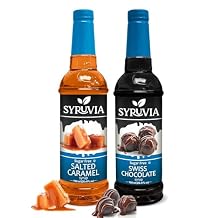 Syruvia Sugar-Free Salted Caramel & Sugar-Free Swiss Chocolate Coffee Syrup - 25.4 fl oz Premium Coffee Flavoring Syrup. 0 Calories, Kosher, and Gluten-Free. Ideal for Drinks, Desserts, and More.