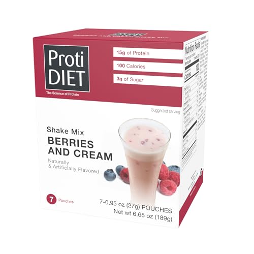 ProtiDiet Berries and Cream Protein Powder for Smoothies 15g High Protein Berry Smoothie Mix, Low Sugar, Meal Replacement Shake 7 Pouches
