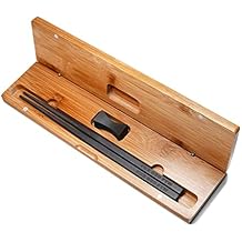 1 Pair Reusable Natural Ebony Wood Chopsticks - Matte Finish No Varnish - Engraved With Personalized Names - Classic Square Chinese or Japanese Style - Christmas Gift Set With Rest and Bamboo Case