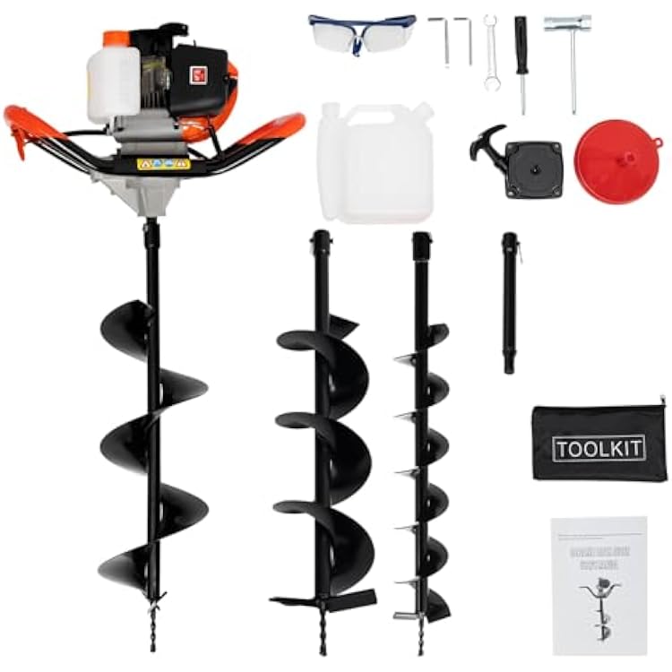 52cc 2-Stroke Gas Powered Earth Auger Post Hole Digger w 4, 6, 8 Bits, 2.3HP Earth Auger Drill Kit Ice Fishing Auger Posthole Digger for Planting Gardening