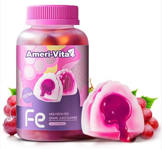 Iron Supplement Gummies 100mg for Women with Vitamin C B6 Folate, Salmon Peptides, Non-Constipating,12-in-1 Heme Iron Supplement USA Made,Sugar Free, Grape Flavor, Kids Energy & Immune Support, 60