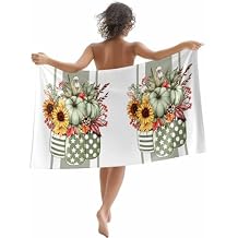 Beach Towel 30x60in,Sand Free Quick Dry Large Bath Towels,Thanksgiving Pumpkin Sunflower Fall Plant Oversized Absorbent Beach Blanket for Pool Swimming Camping Picnic,Sage Green Star Stripe