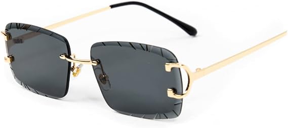 Rimless Gem Cut Unisex Square Luxury Retro 90's Hip Hop Diamond Cut lens Dark Black Tint Lens Gold Wire Frame Sun Glasses Frameless Rectangle Summer Shades Sunglasses For Men And Women