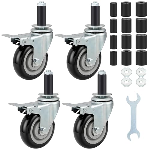 Finnhomy 4 Inch Prep Table Cater Wheels Set of 4 Heavy Duty Expanding Stem Casters Fit 78, 1, 1-12 and 1-58 Tube Leg with Brake for Stainless Steel Furniture Legs, Worktable, Kitchen Workbench