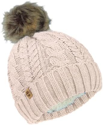 Timberland Womens Cable Knit Faux Fur Pom Beanie - Soft Winter Hat, Ribbed Cuff, Warm Lining, Stylish Cozy Cold Weather Wear