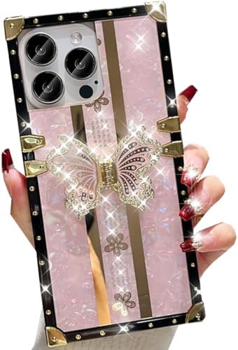 Glitter Butterfly Stand Case for iPhone 16 Pro Max, Cute Luxury Bling Sparkly Floral with Foldable Kickstand TPU Bumper Shockproof Protective Case for Women Girls for iPhone 16 Pro Max, Pink