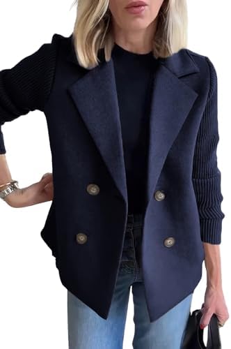 ebossy Women's Double Breasted Wool Pea Coat Notched Lapel Ribbed Knit Long Sleeve Sweater Short Blazer Jacket