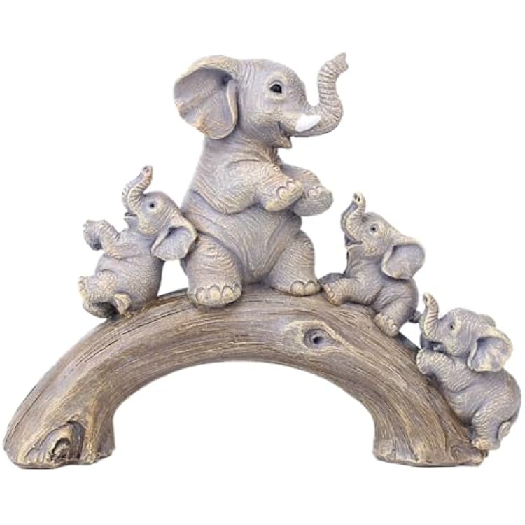 SHENGTIAN Resin Elephant Family Statue, Cute Lucky Elephant with 3 Baby Elephants on Wooden Bridge Figurines Decor for Home, Office, Wedding, Party, More