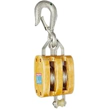 16900106 5" Double Wood Manila Rope Block with Hook, 1800 lbs Load Capacity, 5/8" Rope, 3" Sheave