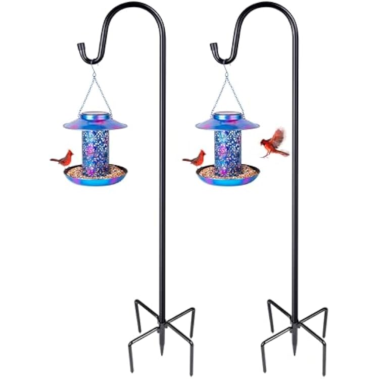 Ottsuls 2 Pack 76 inch Adjustable Shepherd Hooks and 2 Pack Solar Bird Feeder for Outdoors Hanging Blue