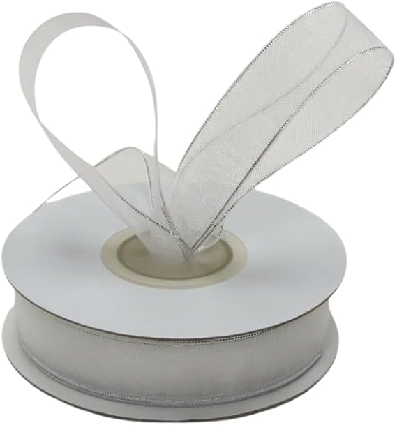 Ribbon Bazaar Metallic Edge Organza - White (Silver Edge) 7/8" 25yd Spool